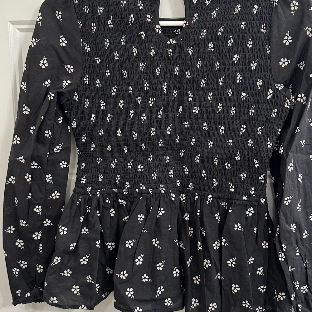 Black Floral Smocked Women's Top